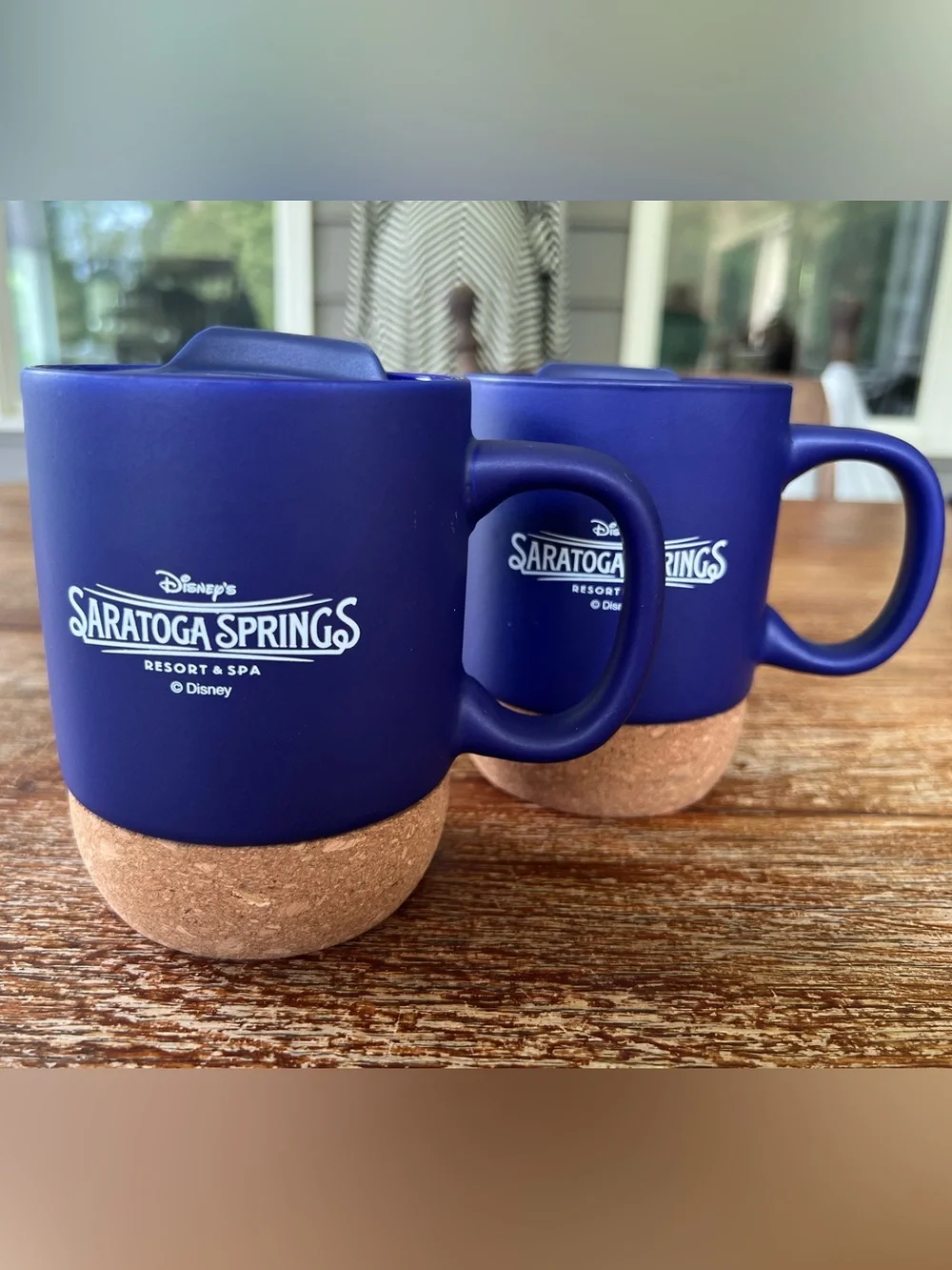 Disney Saratoga Springs Resort Ceramic Travel Mug Set 2 Cork Base Blue Lids 12oz - Picture 2 of 12